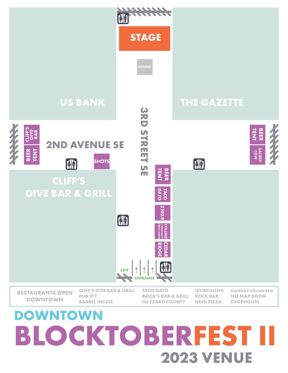 The weekend starts early with BLOCKtoberfest - Downtown Cedar Rapids at 5 p.m. Friday. 2nd Ave SE between 2nd St and the railroad tracks and 3rd St SE between 1st and 3rd Ave will be closed at 7 a.m. for setup. A no parking/tow away zone will be enforced beginning at 6 a.m.