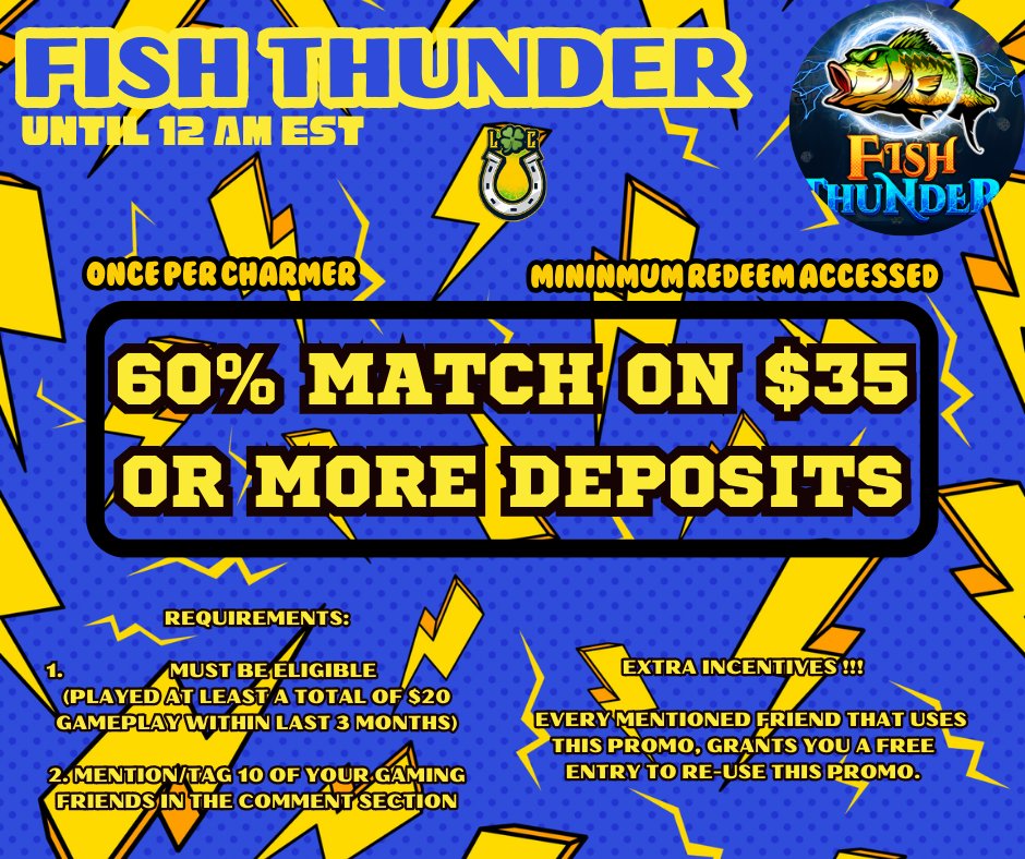 Lucky_Charmers_'s tweet image. Thunderous bonus for those who want to have this Fish Thunder promo tonight 🤩🥳 Enjoy your night now!

#fishthunder #promo