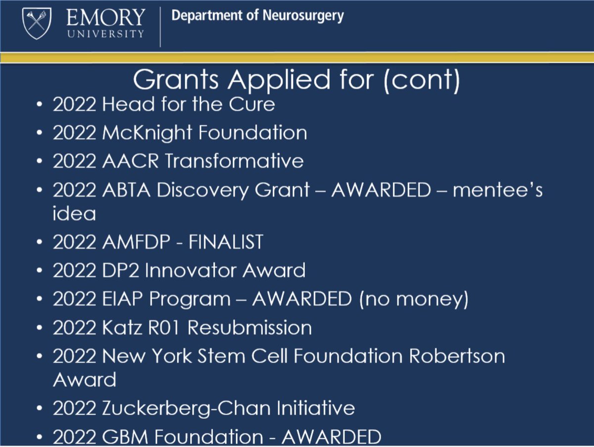 Here are all the grants I've been applying for and not getting. If it doesn't say 'awarded' next to it, it was rejected. Many thanks to @AlMusella @theABTA @sbtfoundation for believing in me, @Chi_bu_eze and @OncoSynergy for some great ideas, and @RWJF for making me a Finalist