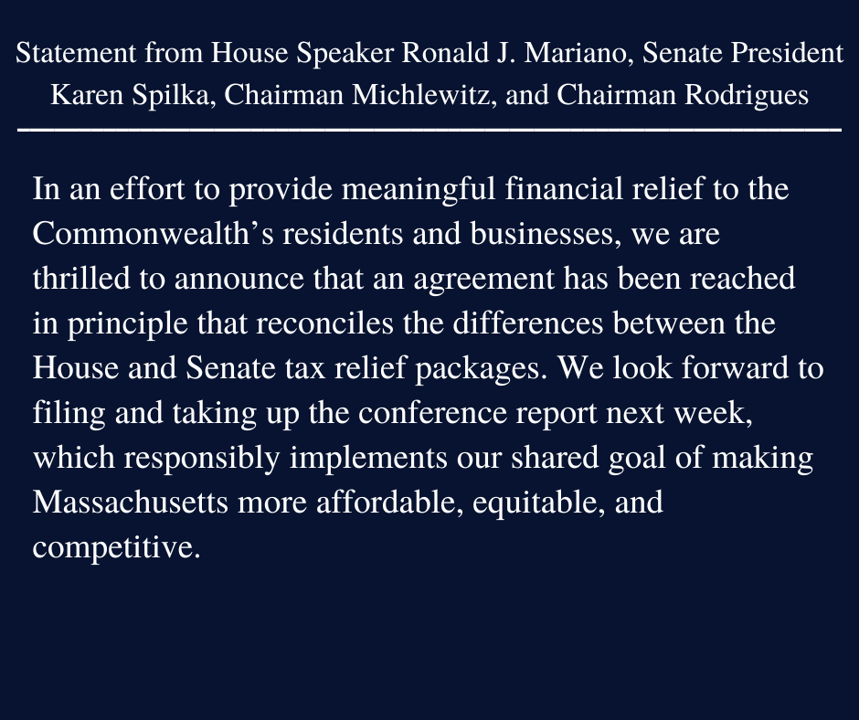 We are incredibly proud to announce that House and Senate leaders have agreed to an agreement in principal to provide tax relief to the Commonwealth's residents and businesses.