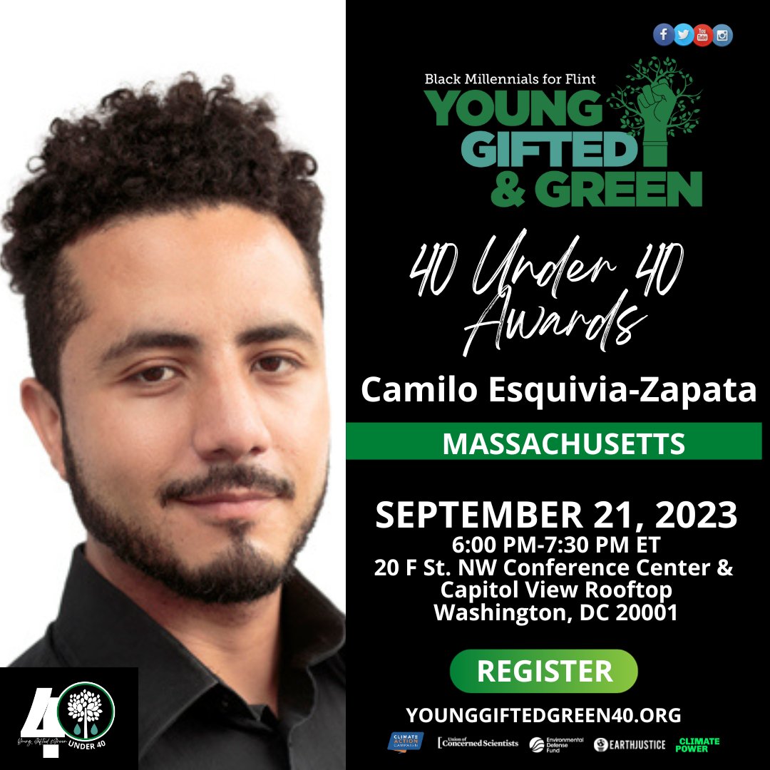 Congratulations to Camilo Esquivia-Zapata @UCSUSA for being selected as a 2023 Young, Gifted & Green 40 Under 40 Awardee presented by @BM4Flint during Congressional Black Caucus ALC in Washington, DC.  Learn more at younggiftedgreen40.org. #BM4F #YoungGiftedGreen