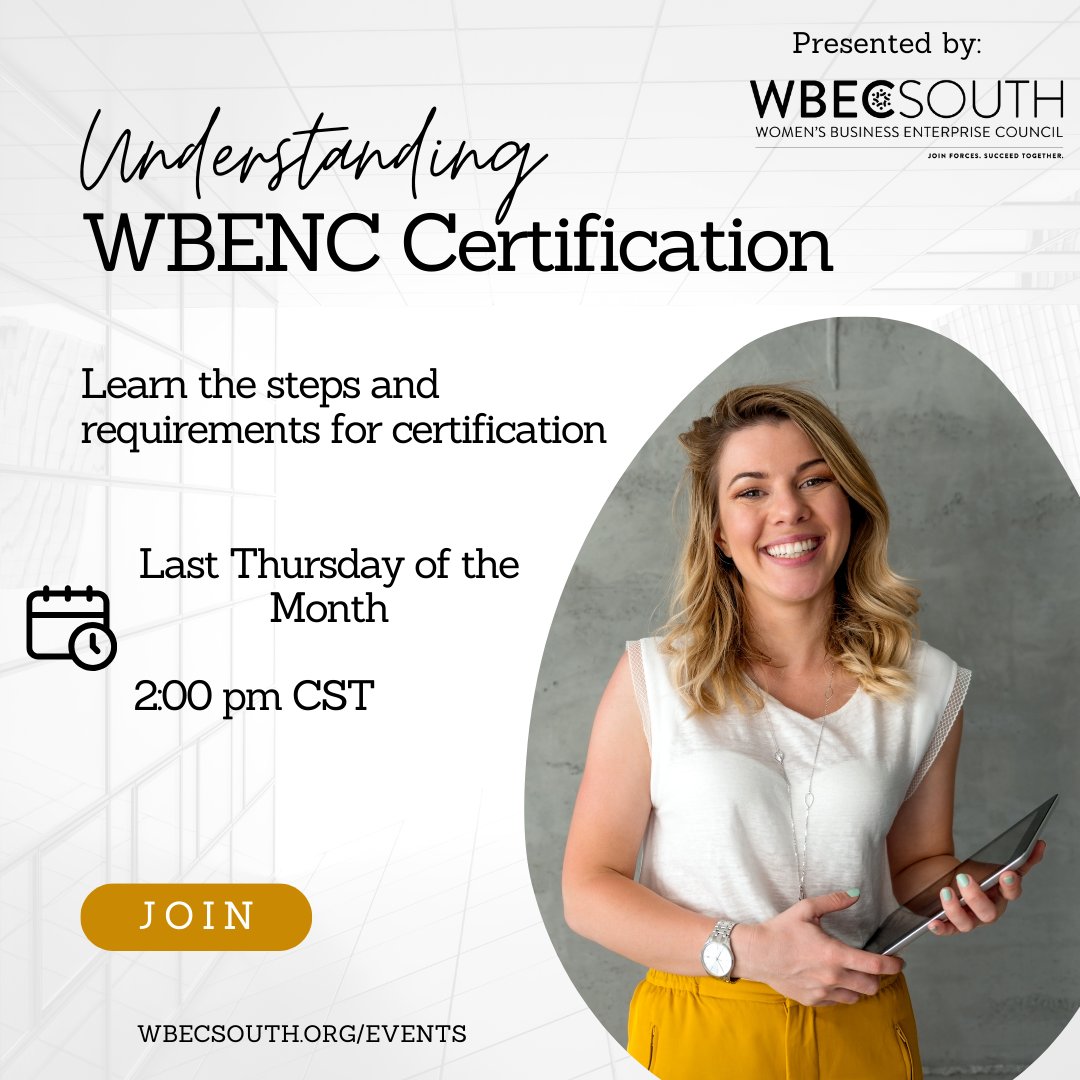 Thinking about getting your Women’s Business Enterprise National Council (WBENC) and/or the SBA Women-Owned Small Business (WOSB) certification?

Take 30 minutes to learn the steps and requirements for certification.

Register here ➡️: ow.ly/6QEp50PMTQF