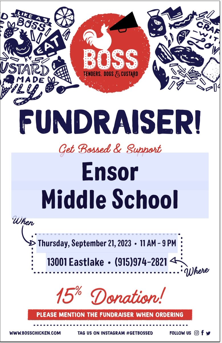 Adsmin Campos (@adsminc) on Twitter photo 🦅📣Boss Chicken Night!📣🦅
Please support <a href="/Ensor_MS/">Stephen Fernandez</a> tonight and have dinner <a href="/bosschicken915/">Boss Tenders, Dogs & Custard</a>! Make sure to tell them you're from Ensor when ordering. #WeAreEnsor 🦅📣Boss Chicken Night!📣🦅
Please support <a href="/Ensor_MS/">Stephen Fernandez</a> tonight and have dinner <a href="/bosschicken915/">Boss Tenders, Dogs & Custard</a>! Make sure to tell them you're from Ensor when ordering. #WeAreEnsor