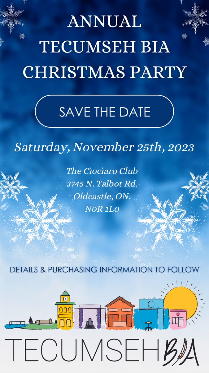 ⚠️ATTENTION TECUMSEH BIA MEMBERSHIP: SAVE THE DATE. ❄️

Our Annual Tecumseh BIA Christmas Party will be taking place this year on Saturday, November 25th, 2023 at The Ciociaro Club! 🎉

More details and purchasing information to follow. 🎄

#TecumsehProud 🪶 <a href="/TownofTecumseh/">Town of Tecumseh</a>