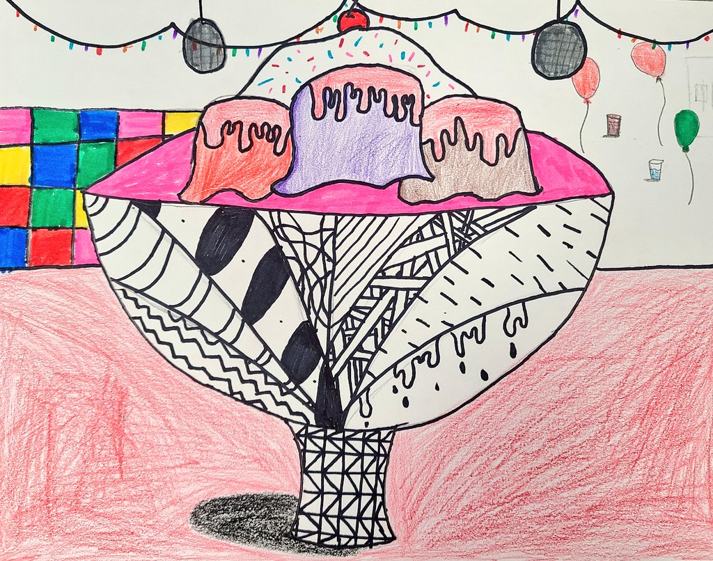MissLugo_'s tweet photo. 5th graders worked with contour lines &amp; zentangle patterns to draw delicious ice cream bowls! Check out their use of contrast with black &amp; white vs. color. #FISDfineartsleads @BrightAcadFISD https://t.co/1XjASHWePg