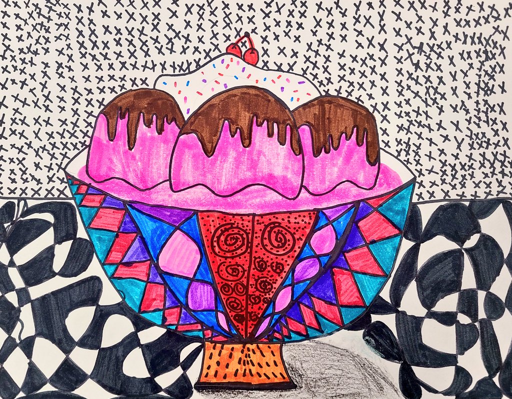 MissLugo_'s tweet photo. 5th graders worked with contour lines &amp; zentangle patterns to draw delicious ice cream bowls! Check out their use of contrast with black &amp; white vs. color. #FISDfineartsleads @BrightAcadFISD https://t.co/1XjASHWePg
