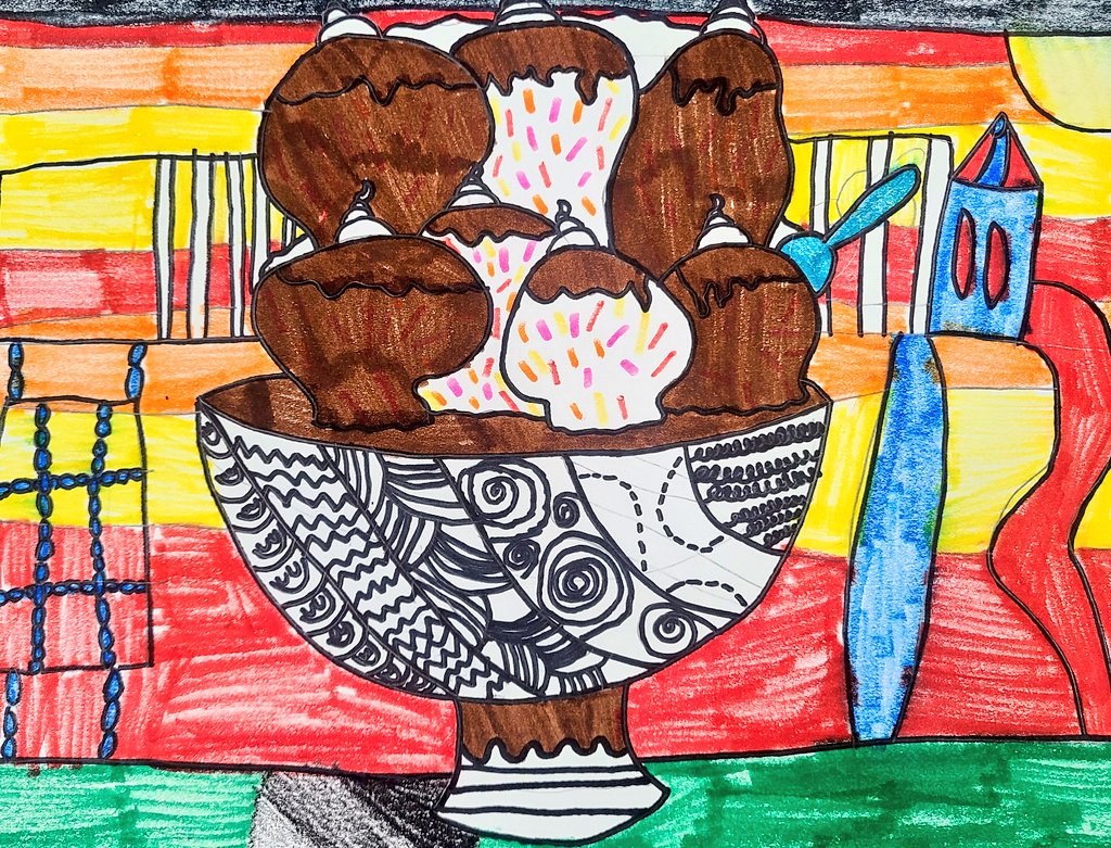 MissLugo_'s tweet photo. 5th graders worked with contour lines &amp; zentangle patterns to draw delicious ice cream bowls! Check out their use of contrast with black &amp; white vs. color. #FISDfineartsleads @BrightAcadFISD https://t.co/1XjASHWePg