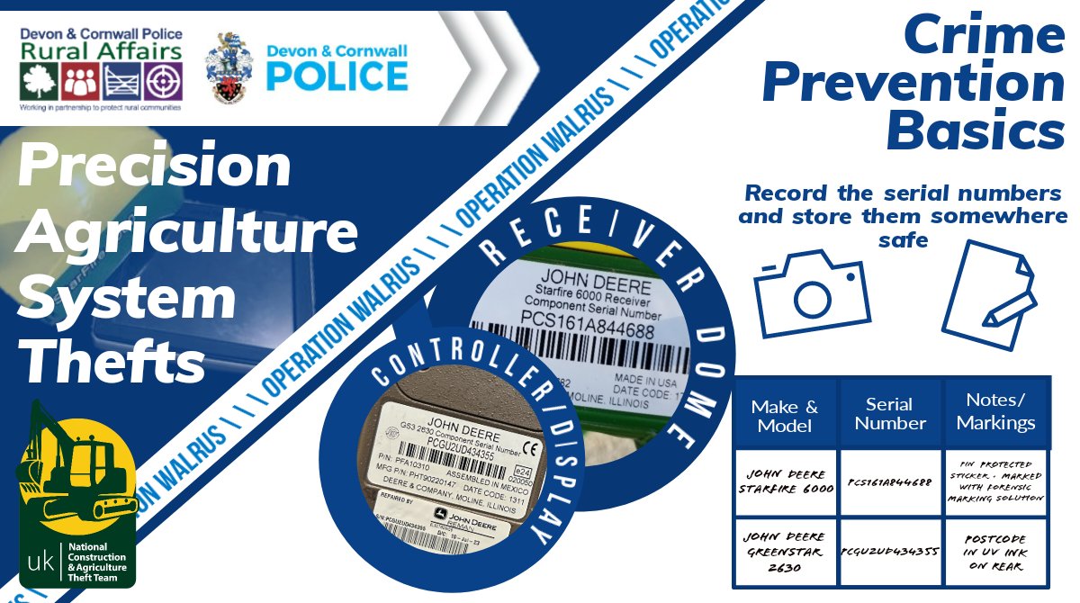 Its #TooLate to record serial numbers after a #PrecisionAgri system is stolen. The National Rural Crime Unit work with police in Europe to recover stolen items but without serial numbers, we can't return them. Please record serial numbers for your receivers and screens. #OPWALRUS