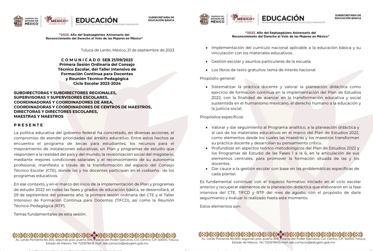 SEB_Edomex's tweet photo. #ElPoderDeServir

Consulta el Comunicado Interno SEB 21/09/2023 referente a la
1ª Sesión Ordinaria del Consejo Técnico Escolar, del Taller Intensivo de Formación Continua para Docentes y Reunión Técnico-Pedagógica,
Ciclo Escolar 2023-2024.

https://t.co/GjDqyQXq3b
@SeducEdomex https://t.co/EG2LJs9Y2n