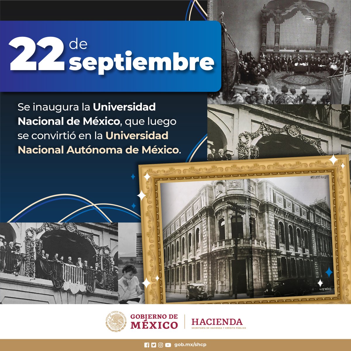 Hacienda_Mexico's tweet photo. Un día como hoy, de 1910, se inauguró la @UNAM_MX, como parte de los festejos del Centenario de la Independencia de México; el proyecto estuvo encabezado por Justo Sierra. 🥳🎊🎉

#EfemérideHacienda 🗓 https://t.co/dteeBGZlc6