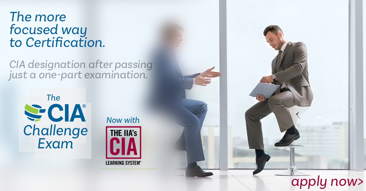 TheIIA's tweet image. Get #CIA Certified &amp;amp; Recognized! Take the 1-part Challenge Exam for #internalauditors. Apply by Sept. 30.  loom.ly/g4nCDMk

#CIAChallengeExam #TheIIA