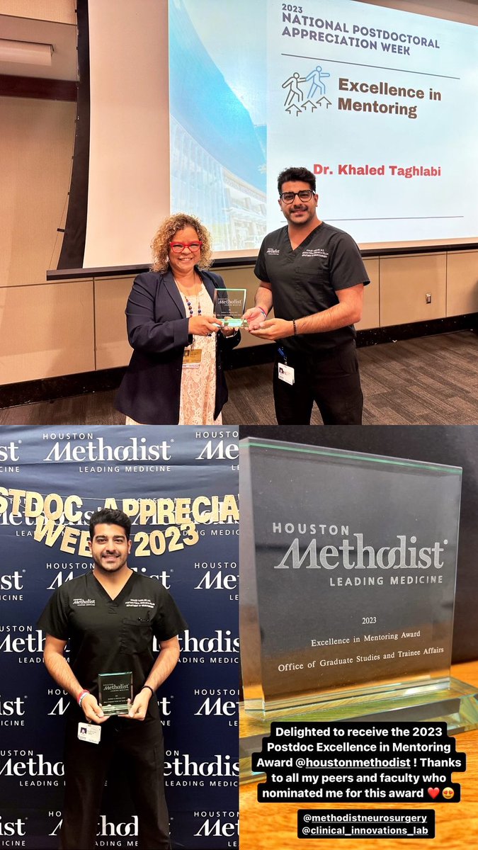 Absolutely thrilled to receive the Excellence in Mentoring Award as part of the 2023 Postdoc Appreciation Awards @MethodistHosp !

Grateful for the opportunity to learn and grow with my amazing mentees 🙏

#MedTwitter #Neurosurgery #PostdocAppreciationWeek #Mentorship #Award