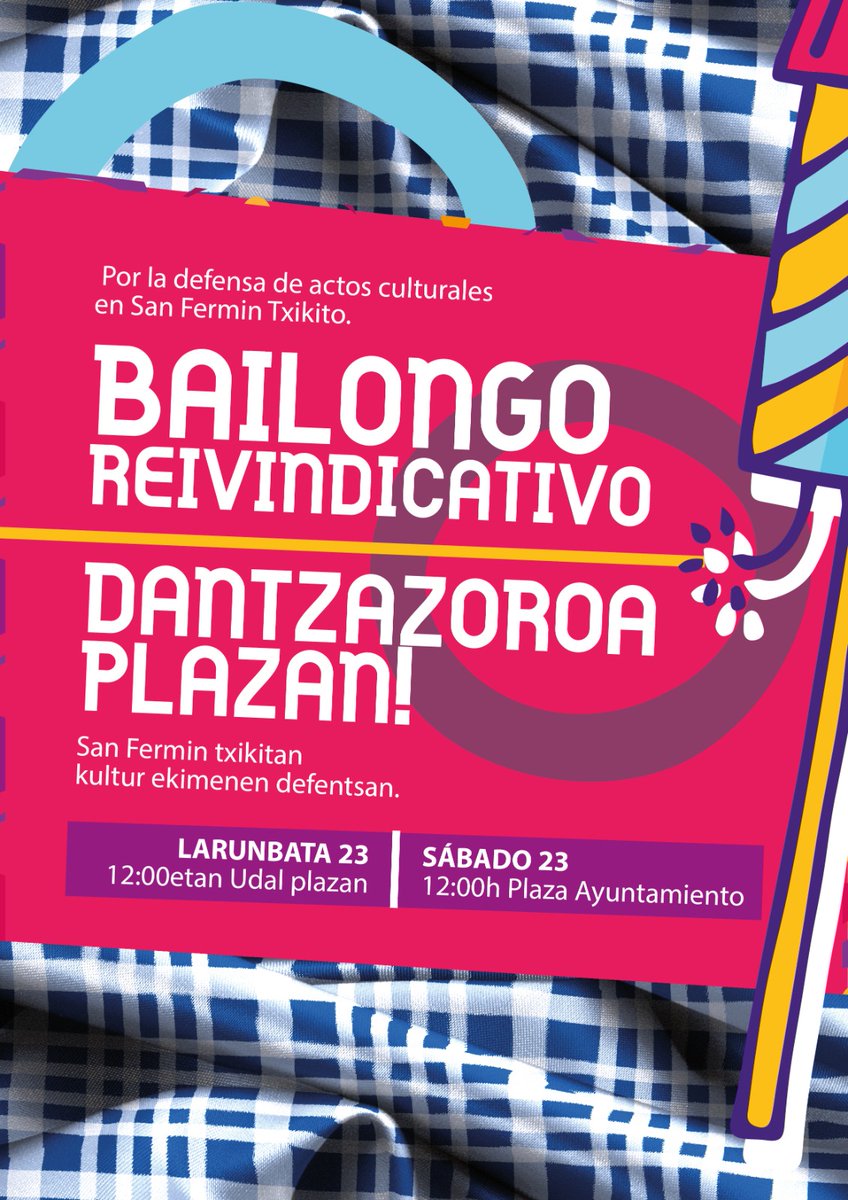 🚨Frente a la prohibición de actos culturales, ¡Vente al bailongo popular! 💃🏽

SÁBADO 23 LARUNBATA,
 12:00h Udal PLaza

¡ETORRI DANTZAZORORA!