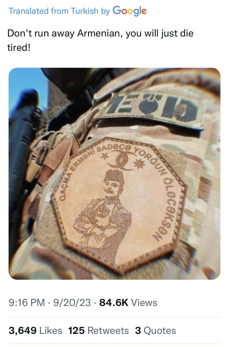 The person on this army badge is Enver Pasha, one of the Ottoman officials who planned and organized the 1915 genocide, during which around 1.5 million Armenians perished in Ottoman Turkey.
 
Enver is still hailed as a national hero in Turkey. Turkey's president praises him and