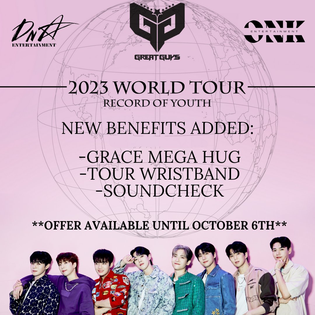 Guess what Grace??

Mega Fan Benefits got better!!

Now you can hug the members of @GreatGuys_twt hear the rehearsal and get a meaningful tour wristband!!!

Only valid for Mega Fan Ticket Holders and New Ticket Buyers.

#greatguys #grace #onk #greatguysworldtour #recordofyouth