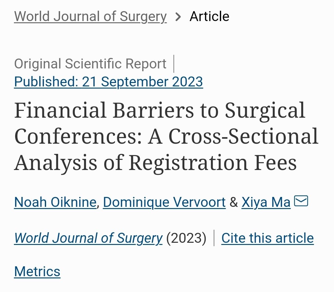 Dominique Vervoort (@dvervoort94) on Twitter photo 🌐 International surgical conferences provide the biggest stage to share, learn, and network.
🚨 Students pay median of ~USD200-450, residents/fellows nearly double, & #LMIC discounts limited.
Read <a href="/WorldJSurg/">World Journal of Surgery</a>, led by superstars @NoahOiknine8 & <a href="/ma_xiya/">Xiya Ma, MD, MSc</a>: link.springer.com/article/10.100… 🌐 International surgical conferences provide the biggest stage to share, learn, and network.
🚨 Students pay median of ~USD200-450, residents/fellows nearly double, & #LMIC discounts limited.
Read <a href="/WorldJSurg/">World Journal of Surgery</a>, led by superstars @NoahOiknine8 & <a href="/ma_xiya/">Xiya Ma, MD, MSc</a>: link.springer.com/article/10.100…