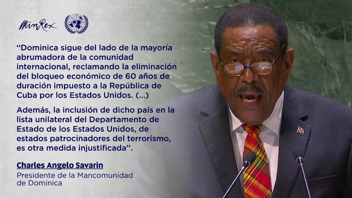 Dominica 🇩🇲 sigue mostrando su apoyo incondicional al pueblo de #Cuba 🇨🇺 en su lucha incansable contra el bloqueo de EEUU.
.
.
#Dominica continues showing its unconditional support to the people of Cuba in their tireless struggle against the US embargo.

#MejorSinBloqueo 
#AGNU78
