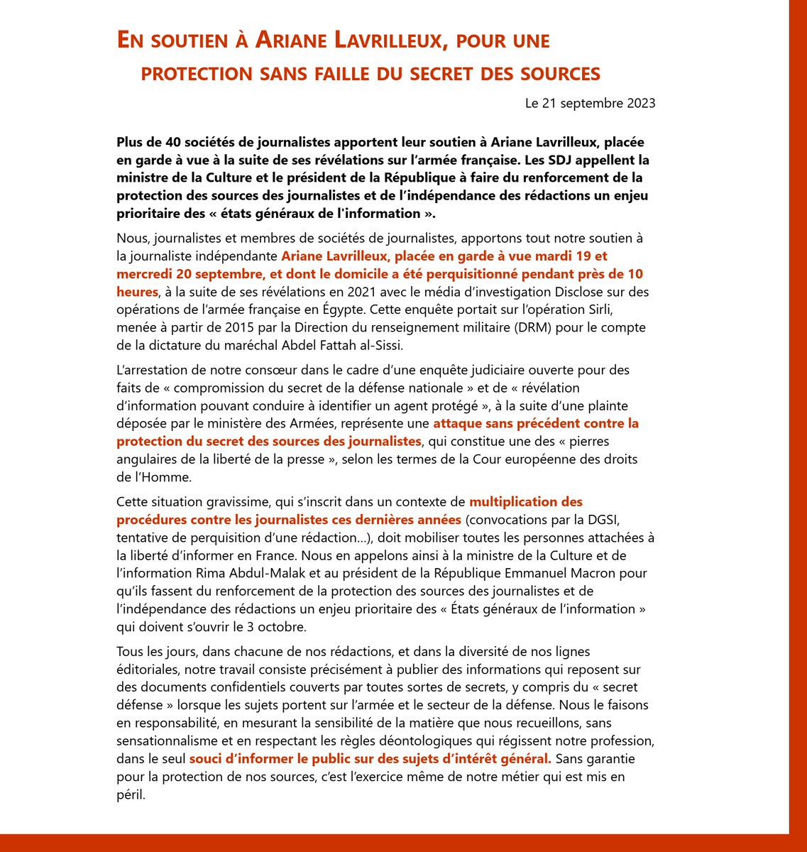 SDJNRJGroup's tweet image. Avec 39 autres sociétés de journalistes et de rédacteurs, nous signons cette tribune de soutien à @AriaLavrilleux, enquêtrice pour @Disclose_ngo, après sa garde à vue. « Sans garantie pour la protection de nos sources, c’est l’exercice même de notre métier qui est mis en péril. »