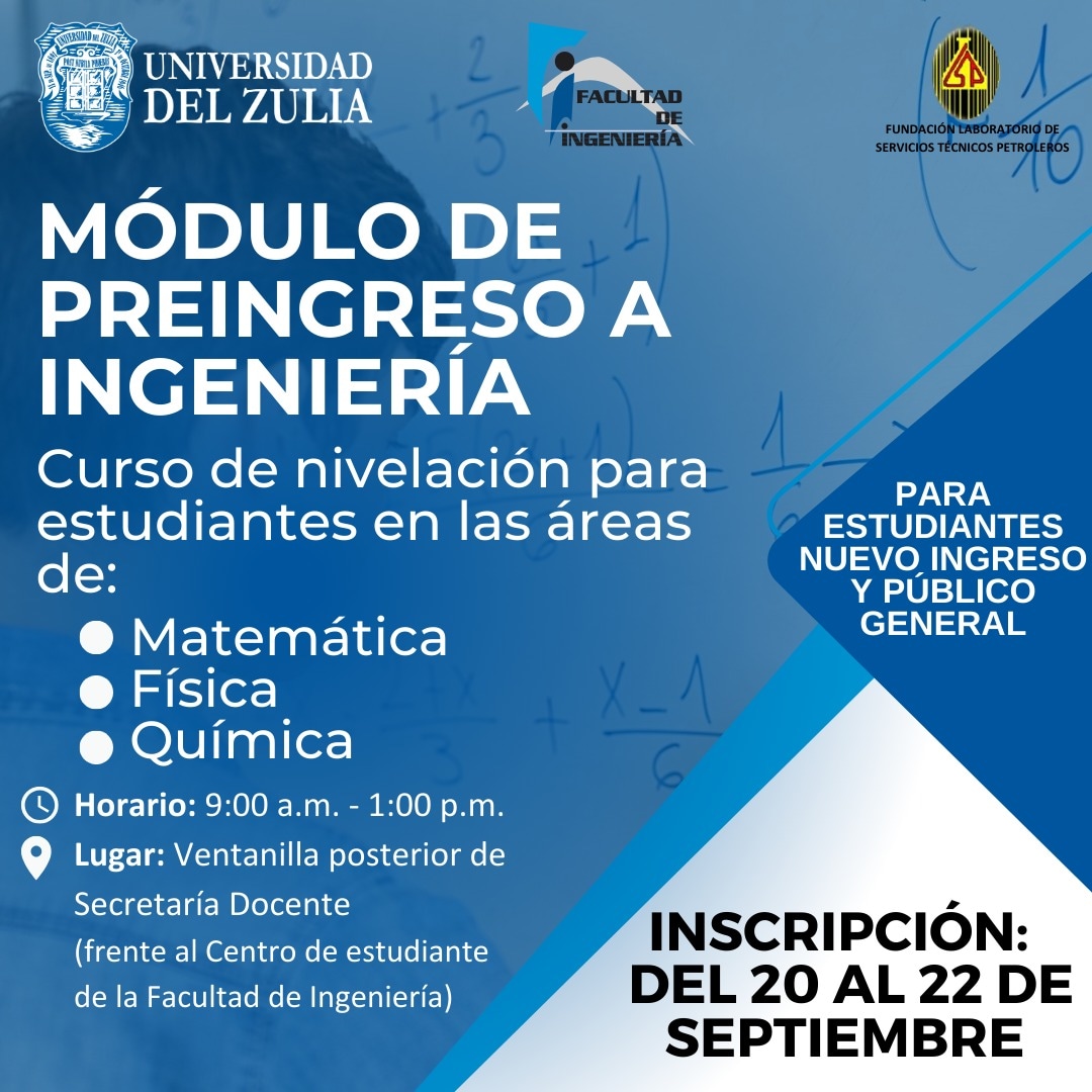 ¡Atención estudiantes nuevo ingreso de la Facultad de Ingeniería! 📚 ya iniciamos el registro del Módulo Preingreso del 20 al 22 de septiembre de 2023. 📷 Lugar: Ventanilla posterior de Secretaría Docente de Ingeniería📍Información en el Instagram <a href="/fingluz/">Facultad de Ingeniería LUZ</a>