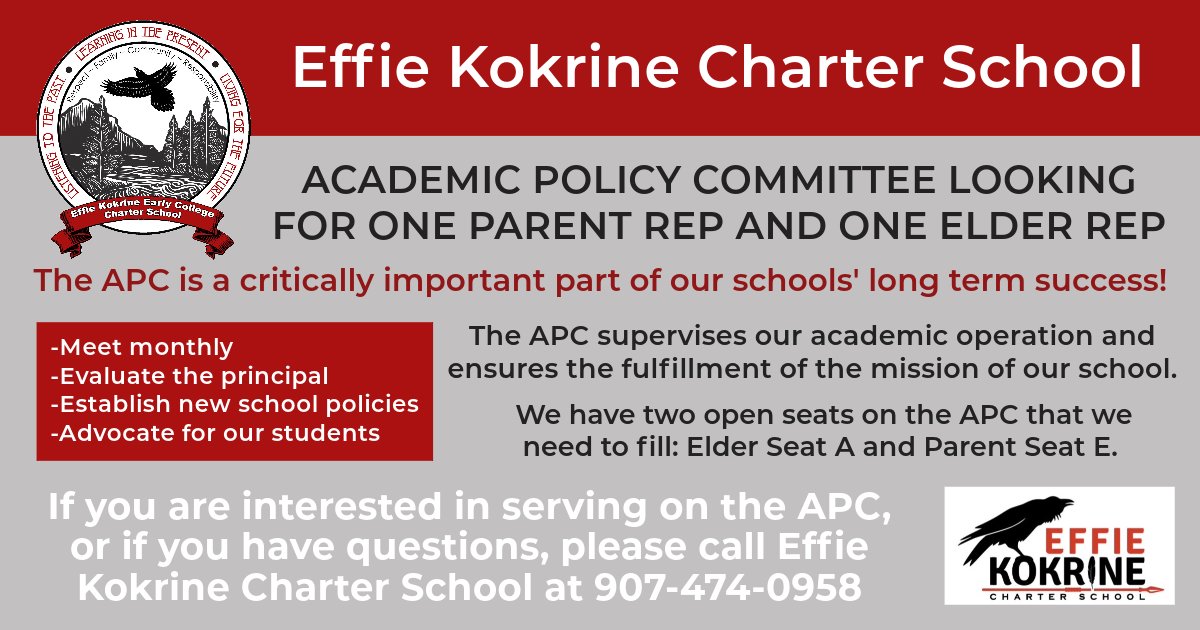 Effie Kokrine Charter School's Academic Policy Committee is looking for one parent rep and one elder rep!

The APC is critically important to Effie's schools' long-term success! 

Follow the link and fill out the form: forms.gle/u8LrDurKkPUpAQ….
