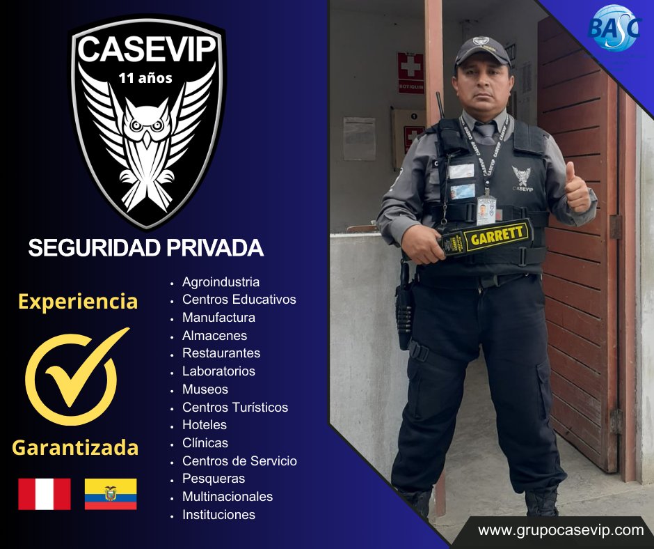 GRUPO_CASEVIP's tweet photo. Somos CASEVIP, con más de una década de experiencia, siendo líderes en seguridad y vigilancia en Perú y Ecuador. Durante estos 11 años, hemos servido a una amplia gama de rubros comerciales y privados, demostrando versatilidad y excelencia en cada servicio. https://t.co/9yZducTPPv