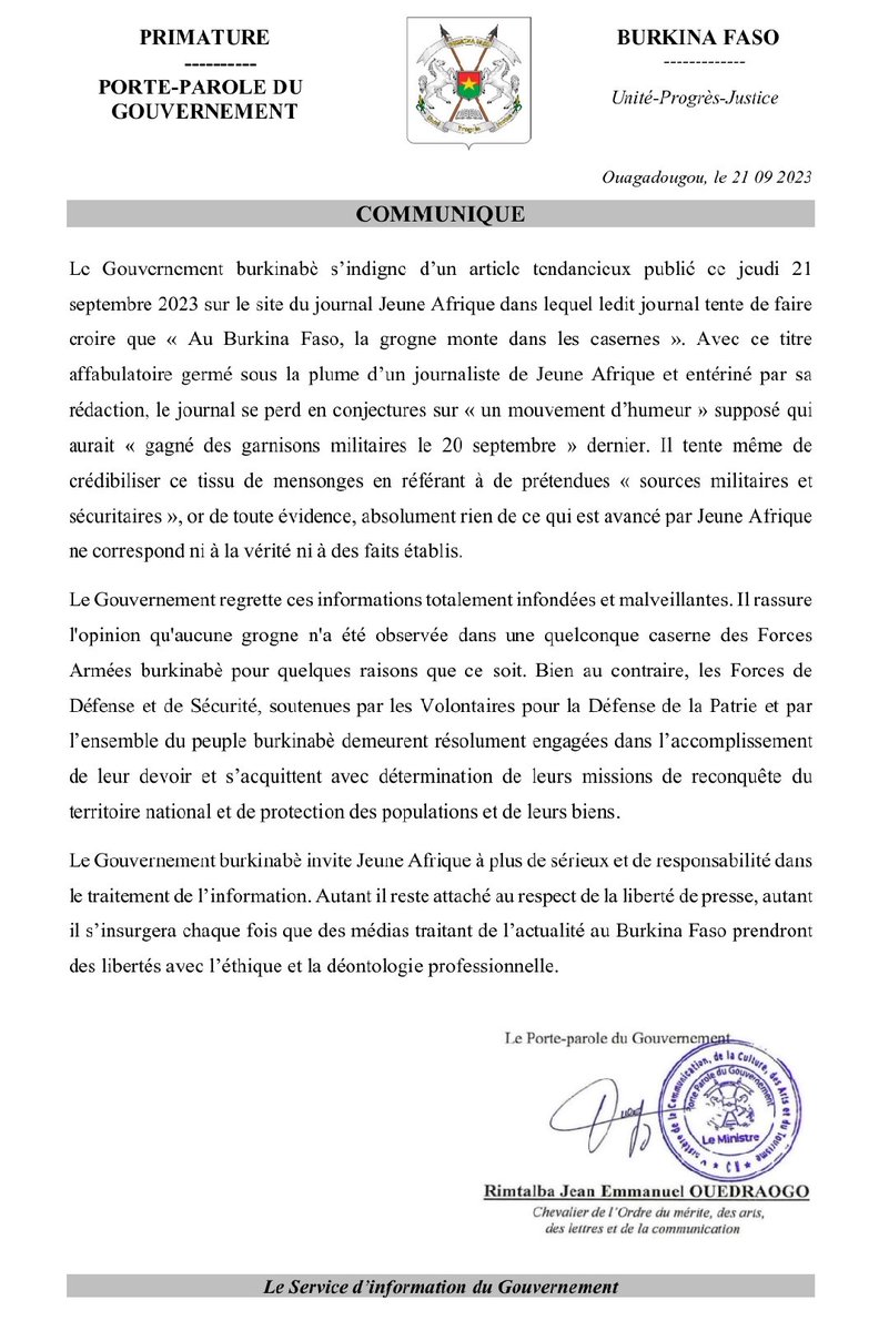 sigbf's tweet image. #COMMUNIQUE    

Le Gouvernement burkinabè s’indigne d’un #article tendancieux publié ce jeudi 21 septembre 2023 sur le site du journal #Jeune_Afrique

Lire👇👇👇
m.facebook.com/story.php?stor…

#Com_Gouv_BF 
#SIGBurkina 
#BurkinaFaso