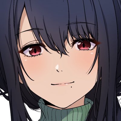 1girl solo red eyes black hair mole under mouth looking at viewer sweater  illustration images