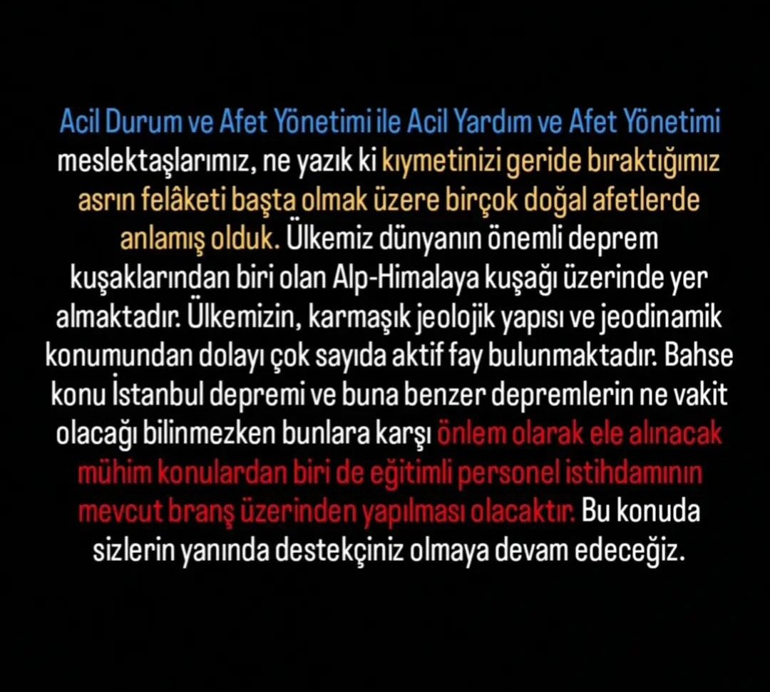 #AcilDurumveAfetYönetimi ile #AcilYardımveAfetYönetimi mezunları Afetlerde en önde yer alması gereken profesyonellerdir. Afetlerde önemine vurgu yapılan bu branşlara adil sayılar verilmesi yerinde bir ATILIM olacaktır. <a href="/drfahrettinkoca/">Dr. Fahrettin Koca</a> <a href="/saglikbakanligi/">T.C. Sağlık Bakanlığı</a> <a href="/yhgmsb/">Yönetim Hizmetleri Genel Müdürlüğü</a> #Sağlığa100BinAtama