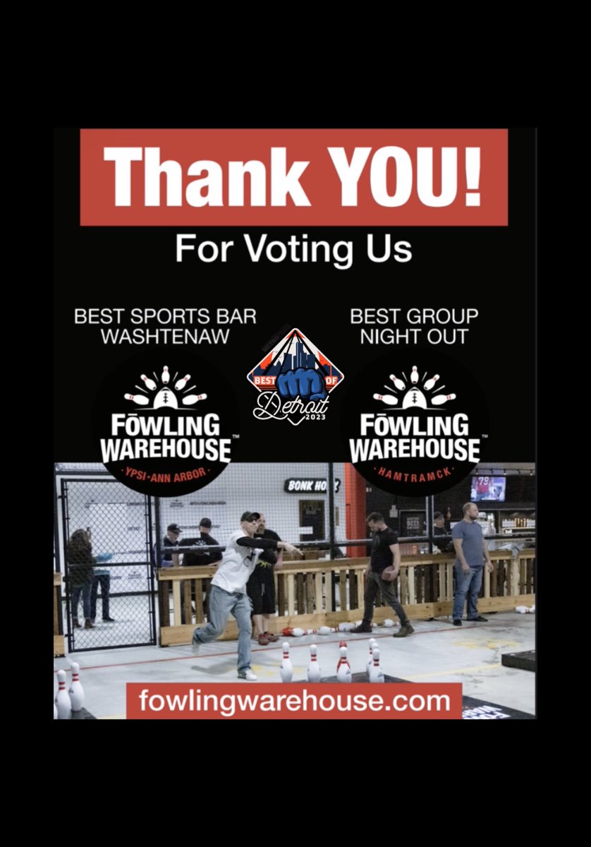 We are honored and more than thankful to receive this award. Thank you everyone who continues to support us and voted us best group night out! Thank you <a href="/metrotimes/">Detroit Metro Times</a> 
#metrotimes #metrotimesdetroit #bestgroupnightout #bestnightever #fowling #fowlingwarehouse