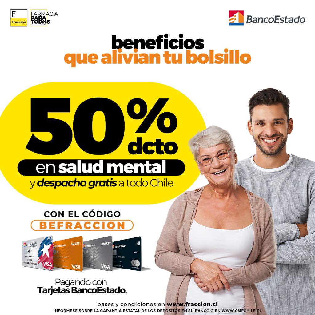Necesitas fármacos para salud mental? Anticonceptivos? Para la tiroides o para la diabetes? Cualquier medicamento que necesites a mitad de precio y con envío gratis para clientes de <a href="/BancoEstado/">BancoEstado</a> en Fraccion.cl … note lo pierdas!