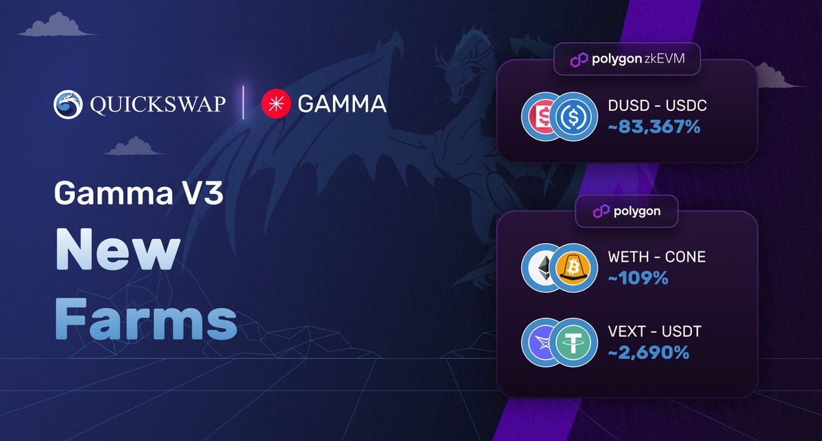 New <a href="/GammaStrategies/">Gamma</a> V3 farms are now available on QuickSwap!

Earn these high APRs while they're hot! 🌶

#Polygon PoS
🔹 $WETH - $CONE
🔹 $VEXT - $USDT

Polygon #zkEVM
🔹 $DUSD - $USDC