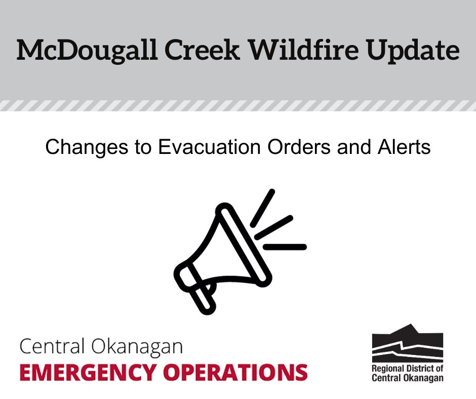 Thanks to @BCGovFireInfo and local fire crews, the McDougall Creek wildfire is now held. Crews continue to work on mop up activities, conduct patrols and extinguish hotspots. See the latest order and alert rescindments: cordemergency.ca/updates/change…