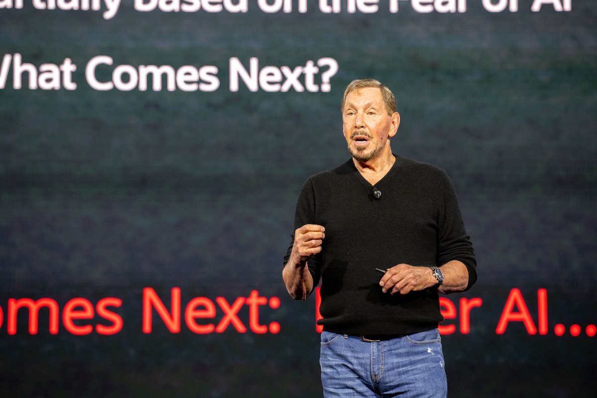 RyanCKuan's tweet photo. Larry Ellison explains how @Oracle uses generative AI to help its customers solve their biggest problems: https://t.co/w6PUBseHRC #CloudWorld https://t.co/oyEUdiXegz