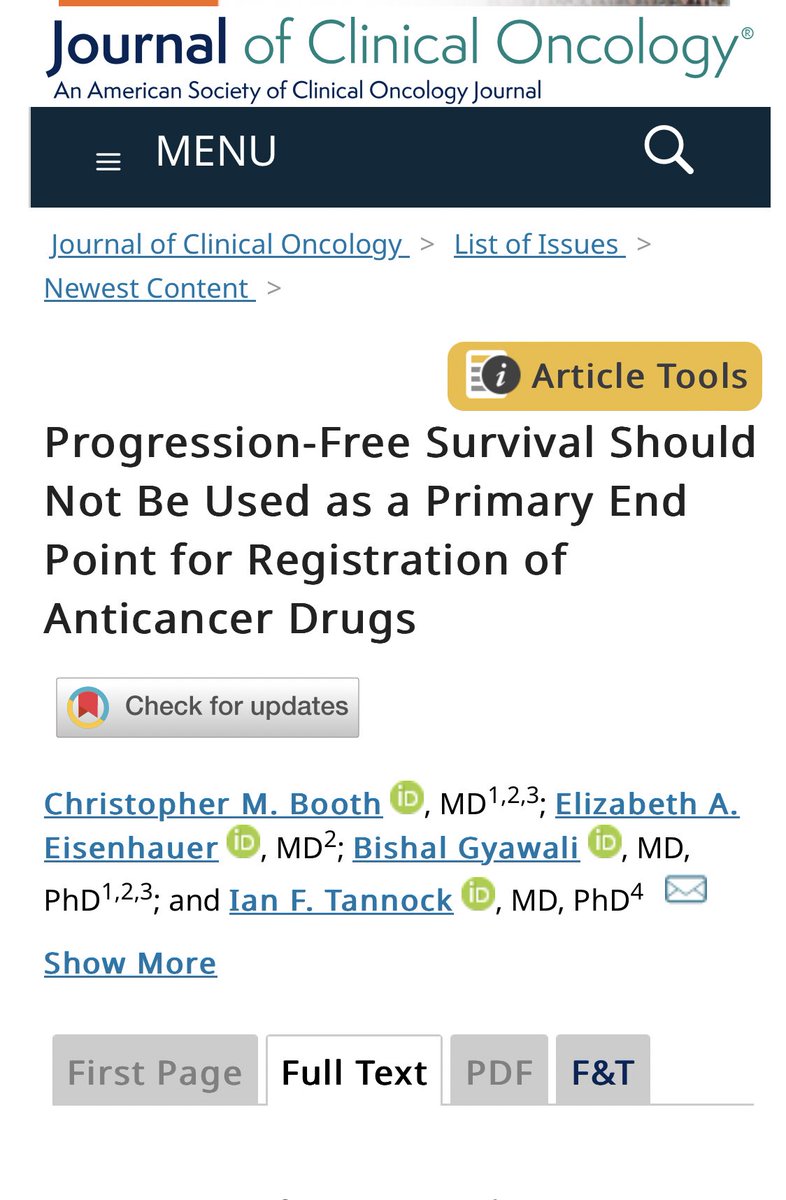 oncology_bg's tweet photo. Hot off the press in @JCO_ASCO from the @csoncol team. We argue that PFS should not be used as the primary endpoint for registration trials of anti cancer drugs. https://t.co/3FJJFwiZjd @EAEisenhauer @ian_tannock #ChrisBooth https://t.co/QilIMvu7kE