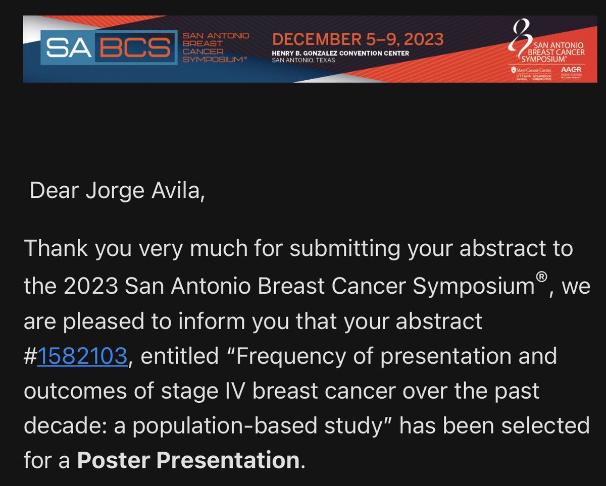 Happy to share with you that our abstract on stage IV breast cancer was accepted at SABCS. See you all in December  #bcsm