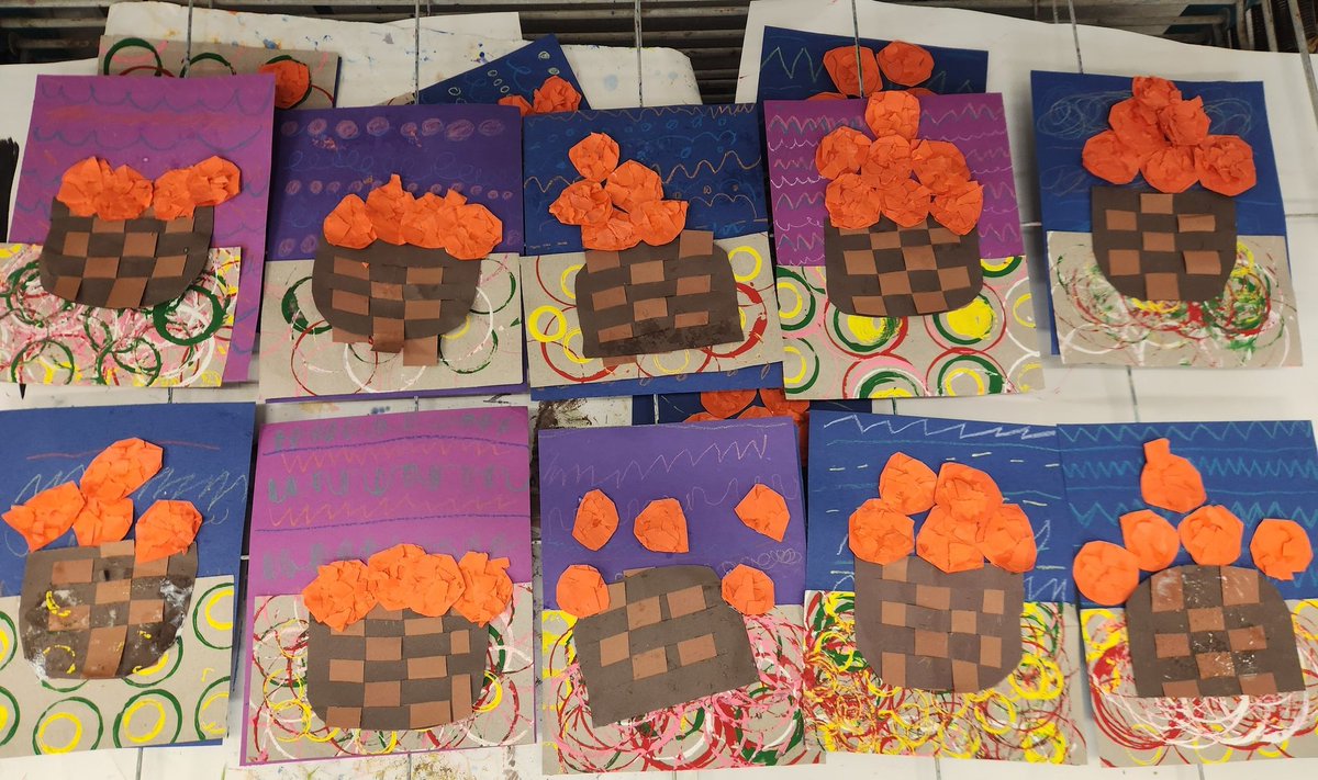 1st grade Hispanic Heritage Month Still Life colleges are underway. This lesson has it all. Weaving, torn paper collaging, printmaking, and line patterns.  Next class, we will add some green foliage. <a href="/NhcsArts/">NHCSArts</a> <a href="/NewHanoverCoSch/">New Hanover County Schools</a> <a href="/NCArtEdA/">NCAEA</a> <a href="/BCreekElem/">BradleyCreekElem</a>