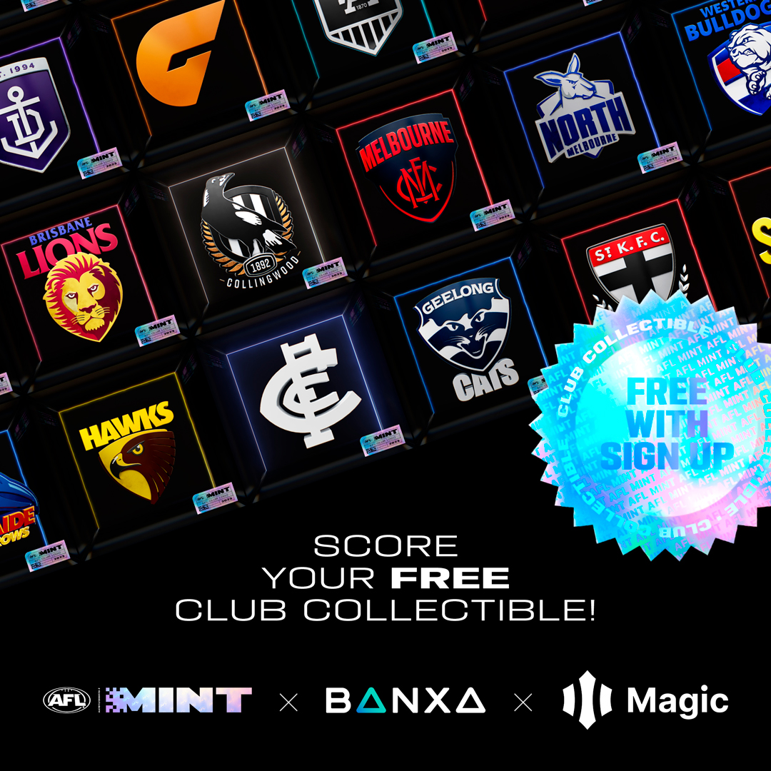 🚨 Two NEW tech partners 🚨

<a href="/magic_labs/">Magic Labs</a> - A digital wallet for storing your digital collectables using your AFL iD log-in.

<a href="/BanxaOfficial/">Banxa</a> - Providing seamless credit card transactions when purchasing packs.

Grab your FREE team collectable today at aflmint.com.au
