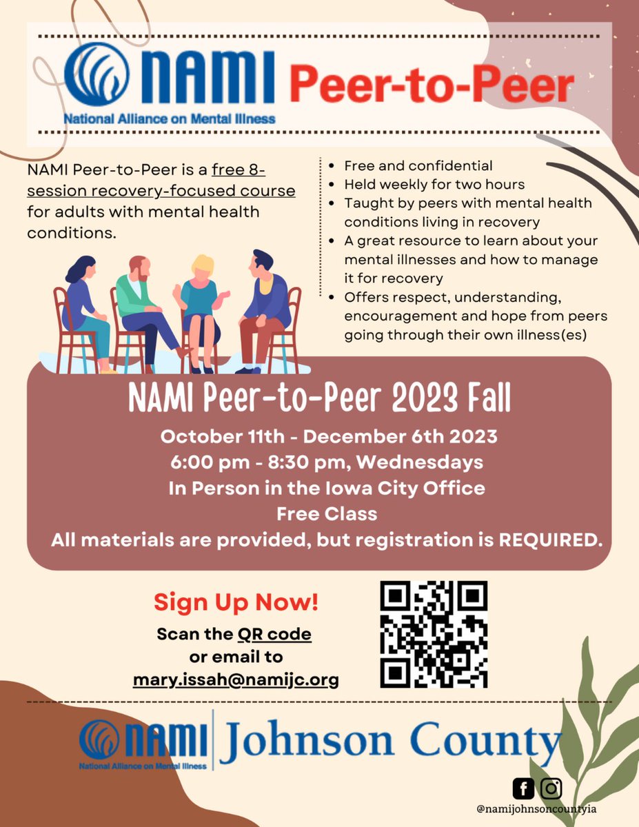 NAMIJCIowa's tweet image. Peer-to-Peer 2023 Fall is still open to sign up!

Eight consecutive weeks 

October 11th - December 6th, 2023
6:00 pm - 8:30 pm, Wednesdays
In Person in Iowa City Office
Free Class
All Materials are provided, but registration is REQUIRED.