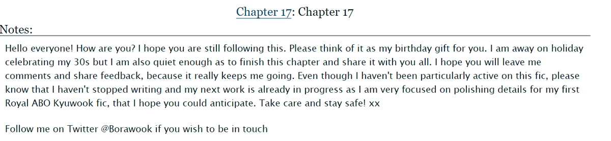 Borawook's tweet photo. A gift for my fellow #SSFN and #Kyuwook fans as I am celebrating my birthday (in advance) on holiday and finally found time to finish Chapter 17! Also, I was triggered by the lovely Kyuwook kiss selca so here it is:

https://t.co/MZ0J7Phdd0

Leave comments please!! https://t.co/Lwl746SNN4