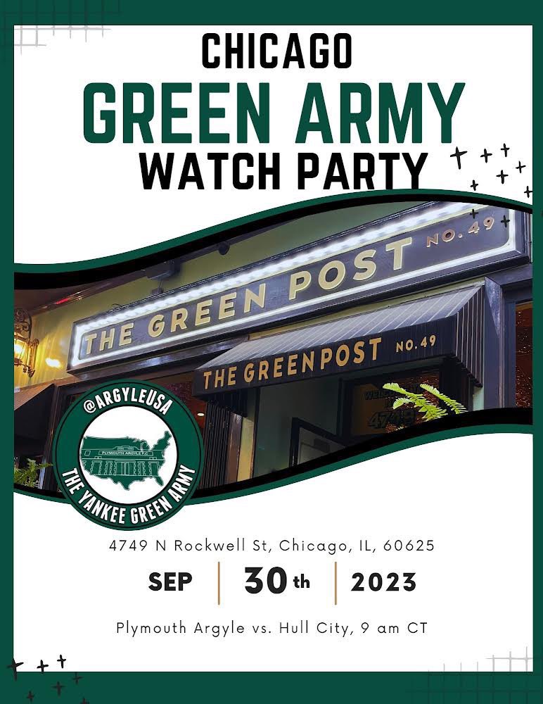 Chicago! 💚💚💚

Join us <a href="/greenpostchi/">@greenpostchi</a> for an Argyle/Hull City watch party.  See you on Saturday, September 30. 

Thanks to @dadofhenric for organizing this event.
