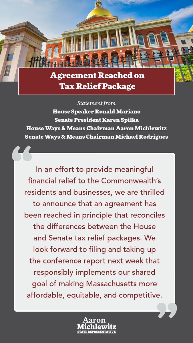 Proud to announce an agreement in principle has been reached on a tax relief package, with our hope to vote on it next week. #mapoli