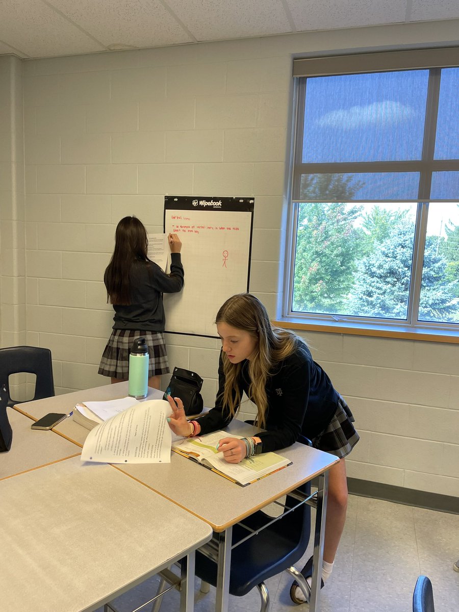 Mrs_K_Noonan's tweet photo. To help boost collaboration and discussion in small groups, we use our #wipebooks to record our thoughts, then share with the class. Today’s discussion was about #irony in #shortworks of #fiction. @trinitytitan https://t.co/HXqs5r7cHq