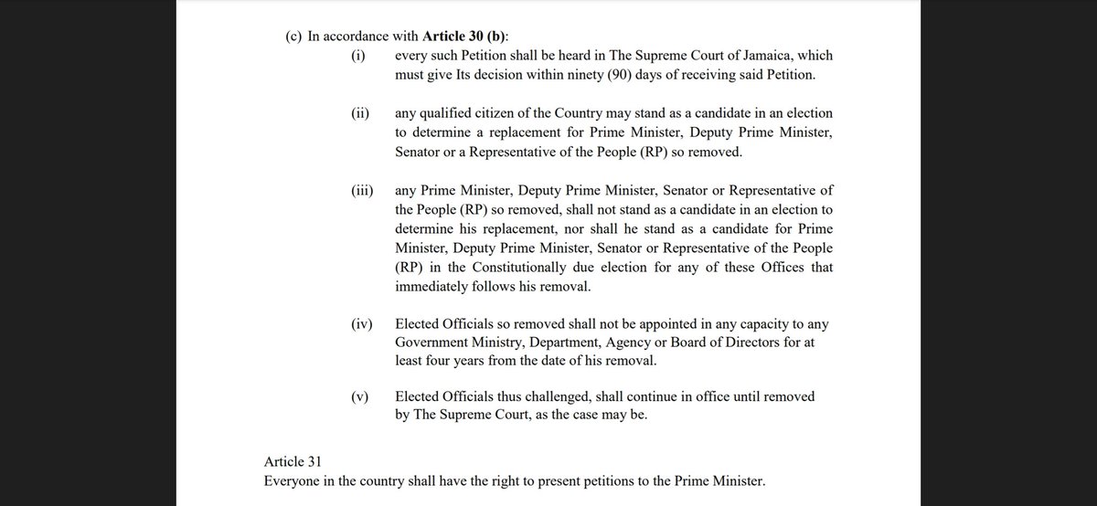 HaileMikaelCujo's tweet photo. @djmillerJA @MarkJGolding @AndrewHolnessJM @integrityja Under #WTPPCORJ #ABloodlessRevolution Ministers & Elected Officials charged with wrongdoing "shall continue in office until removed by The Supreme Court, as the case may be." Articles 30 (c) (v) & 35 (c) (iii) Take. It. Seriously. https://t.co/WO605ZTcQU