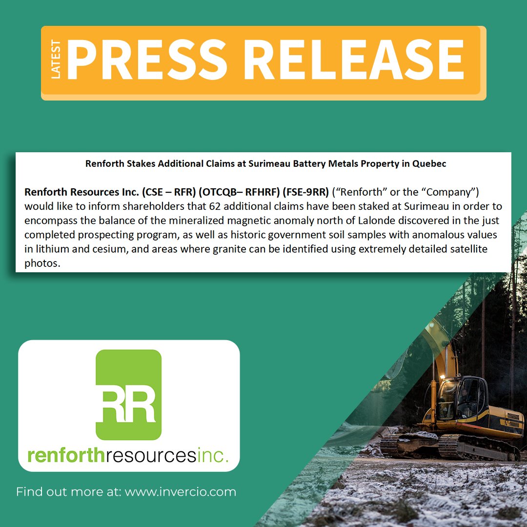 📢 Exciting News! @RenforthRes  is expanding its footprint at the Surimeau Battery Metals Property in Quebec! 🔍

#RenforthResources #Exploration #BatteryMetals #QuebecMining #MineralExploration #Prospecting #LithiumDiscovery #CesiumDiscovery #GeologicalSurvey #MiningIndustry