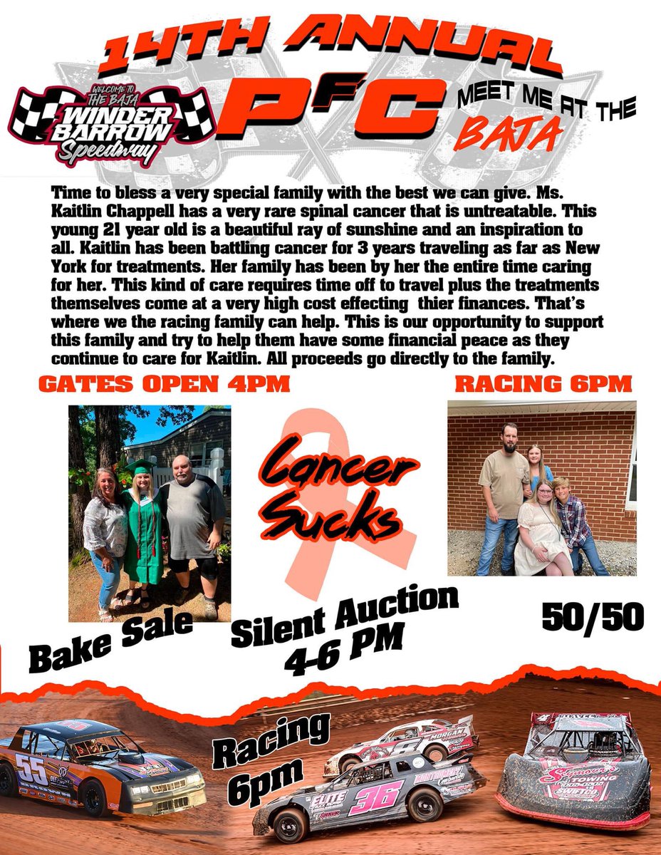 GARacingPodcast's tweet image. Saturday’s Pause for a Cause at Winder Barrow Speedway is the @GARacingPodcast Race of the Week 🏁
A silent auction, 50/50 racing and a full race program at the Baja will benefit a family battling cancer.
#cancersucks #pauseforacause #winderbarrow #winderbarrowspeedway