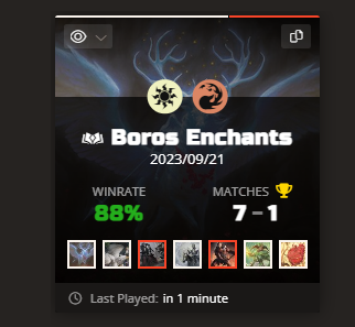 4º🏆 Limitado de Wilds of Eldraine 

Boros Enchants 7-1

Deck explorando a sinergia dos encantamentos com a agressividade do Boros, desempenho surpreendente da mecânica CELEBRATION.

#mtg #Magicthegathering #mtga #magicarena #mtgwoe