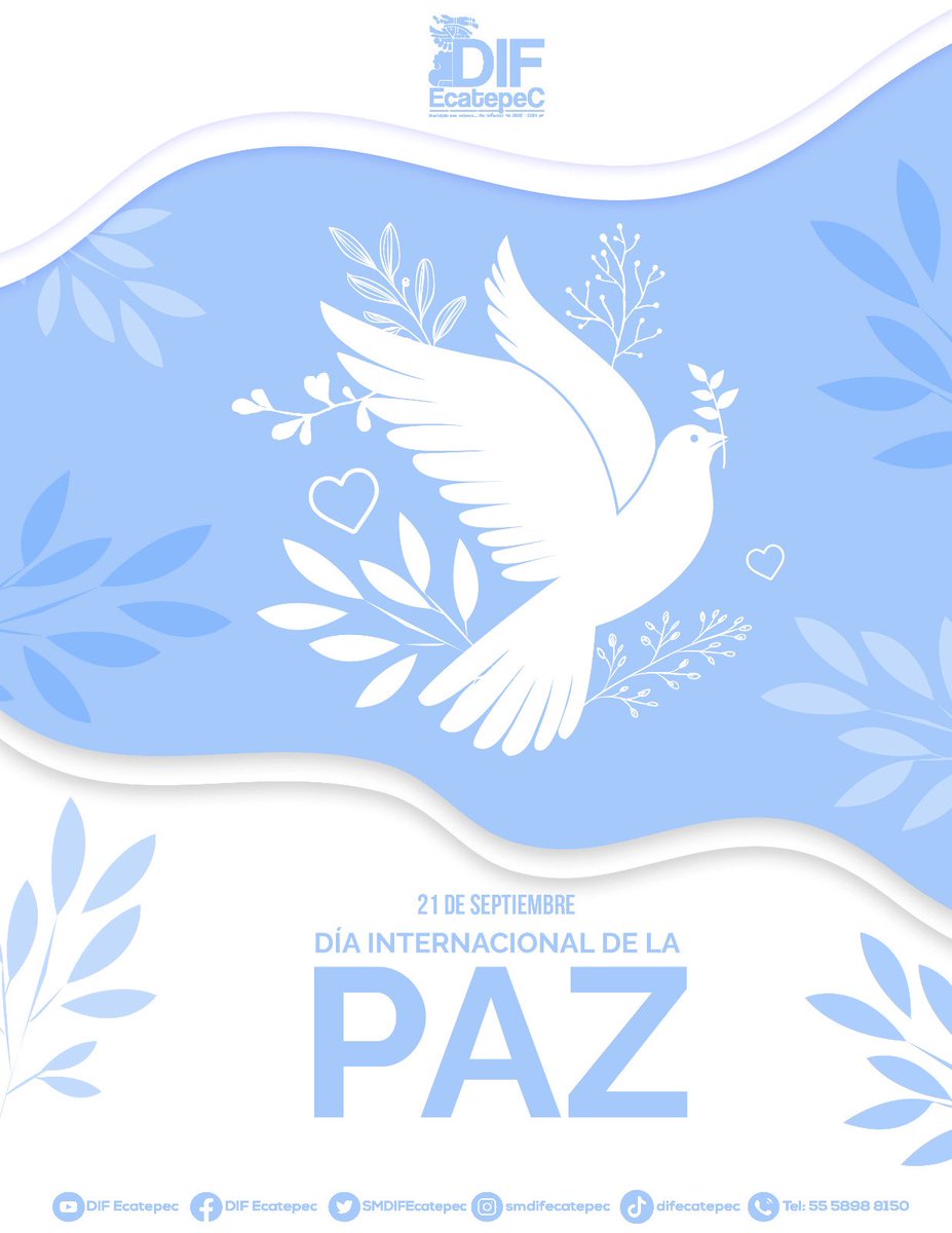 Día Internacional de la Paz, una fecha creada para fortalecer los ideales de la paz en cada pueblo y nación del mundo. Con ello se busca una jornada de no violencia y alto al fuego en países que estén en conflicto.

#DIFEcatepec #MunicipioConValores