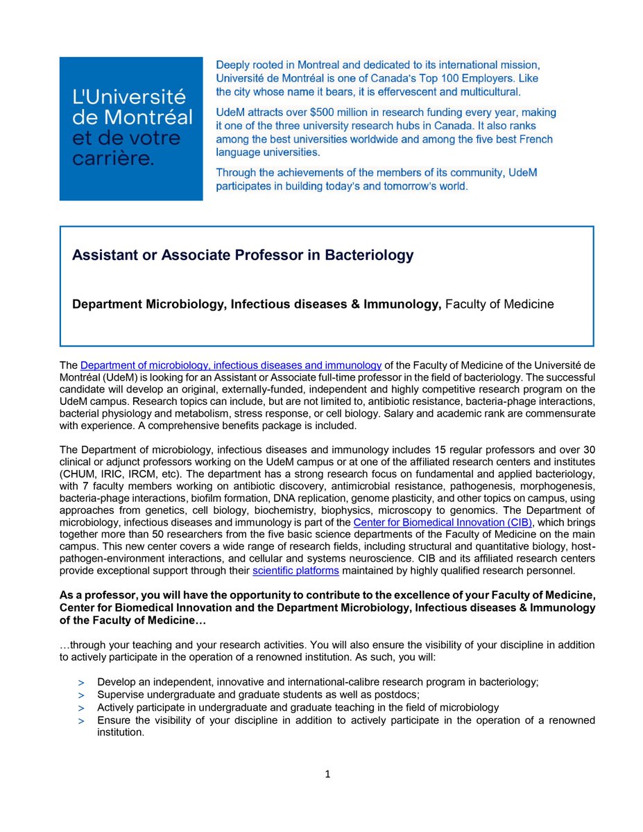 FabriceJPierre's tweet photo. Faculty position opening @UMontreal 👇🏾

Assistant or Associate Professor position in Bacteriology in the Department Microbiology, Infectious diseases &amp; Immunology.

Please share! https://t.co/UUBs9qSWo0