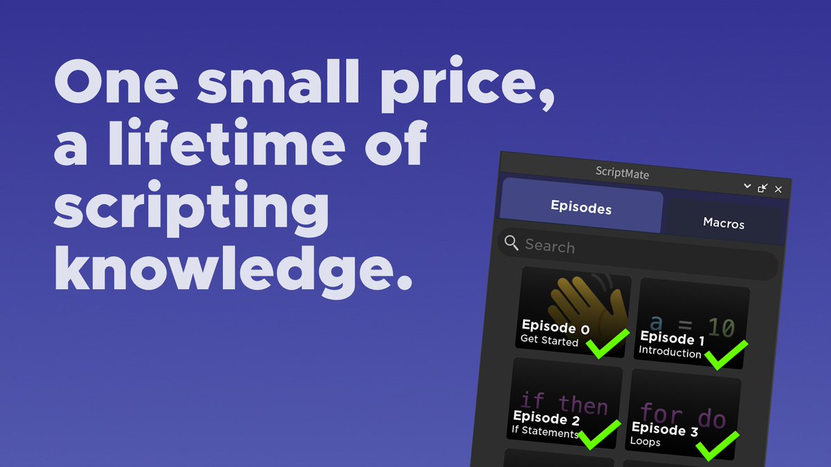 jotslo's tweet photo. 👋 Want to learn to script? Try ScriptMate!

👉 Watch tutorials, take coding challenges & quizzes, and auto-fill your scripts with code snippets!

🔗 https://t.co/s3qL8lud1f
#Roblox #RobloxDev #RobloxDevs