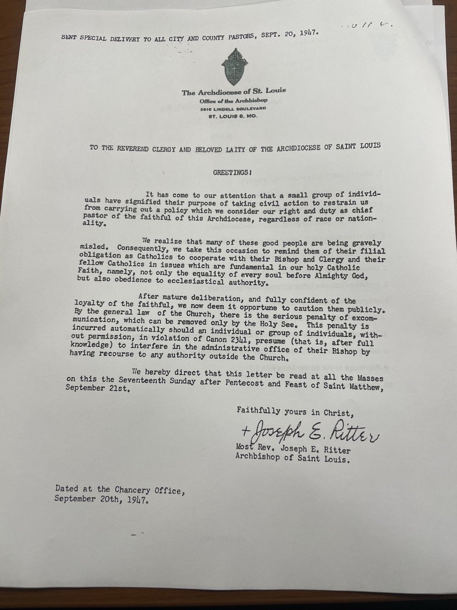 75 years ago today, Cardinal Ritter gently informed the faithful of our archdiocese that if they refused to integrate their parishes, they could consider themselves excommunicated.